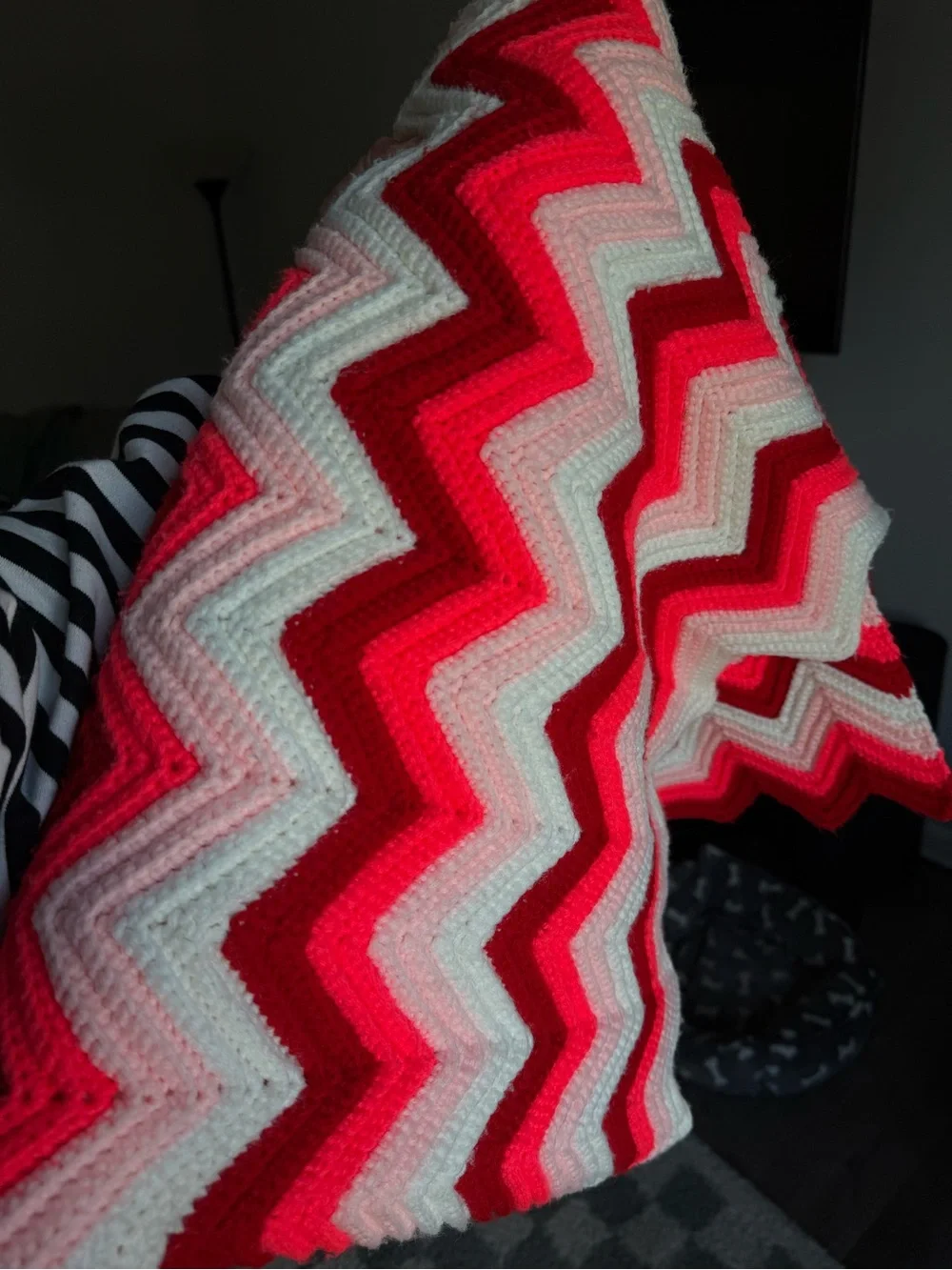 VTG Handmade Pink White Chevron Crochet Afghan Throw Blanket Hippie Boho Granny